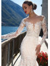 Long Sleeve Ivory Lace Tulle See Through Back Wedding Dress